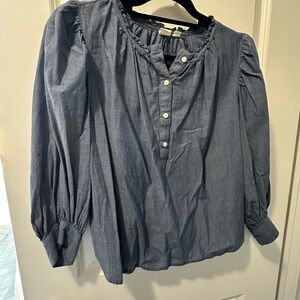 Gap Women Chambray Blue Ruffle Shirred Popover Half Placket Cotton Blouse Top